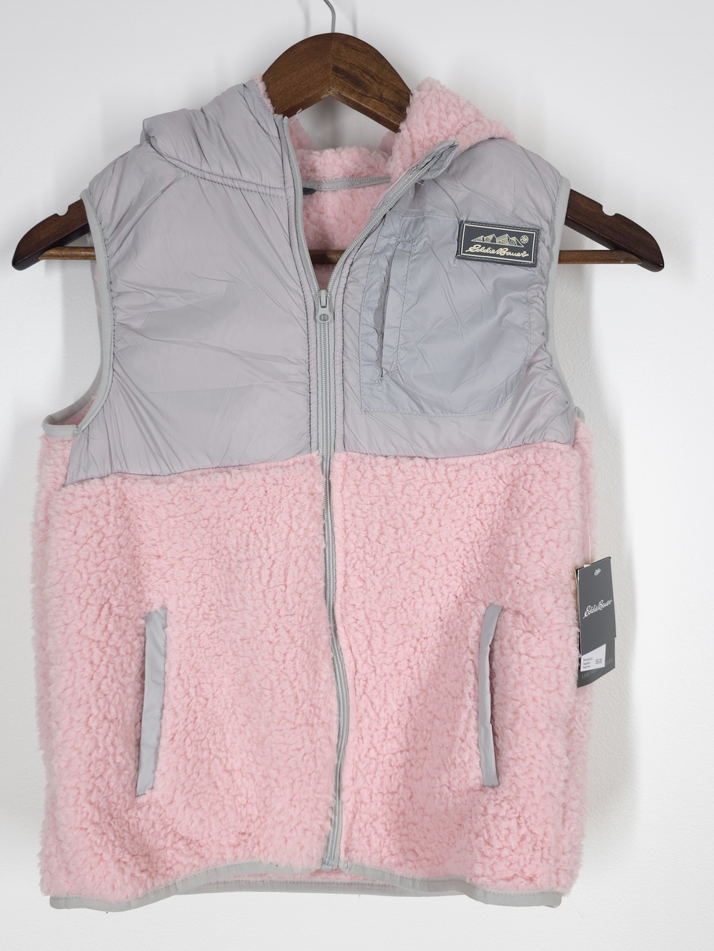 Eddie Bauer Girls Faux Shearling Hooded Vest Pink Gray Size L 14 NWT